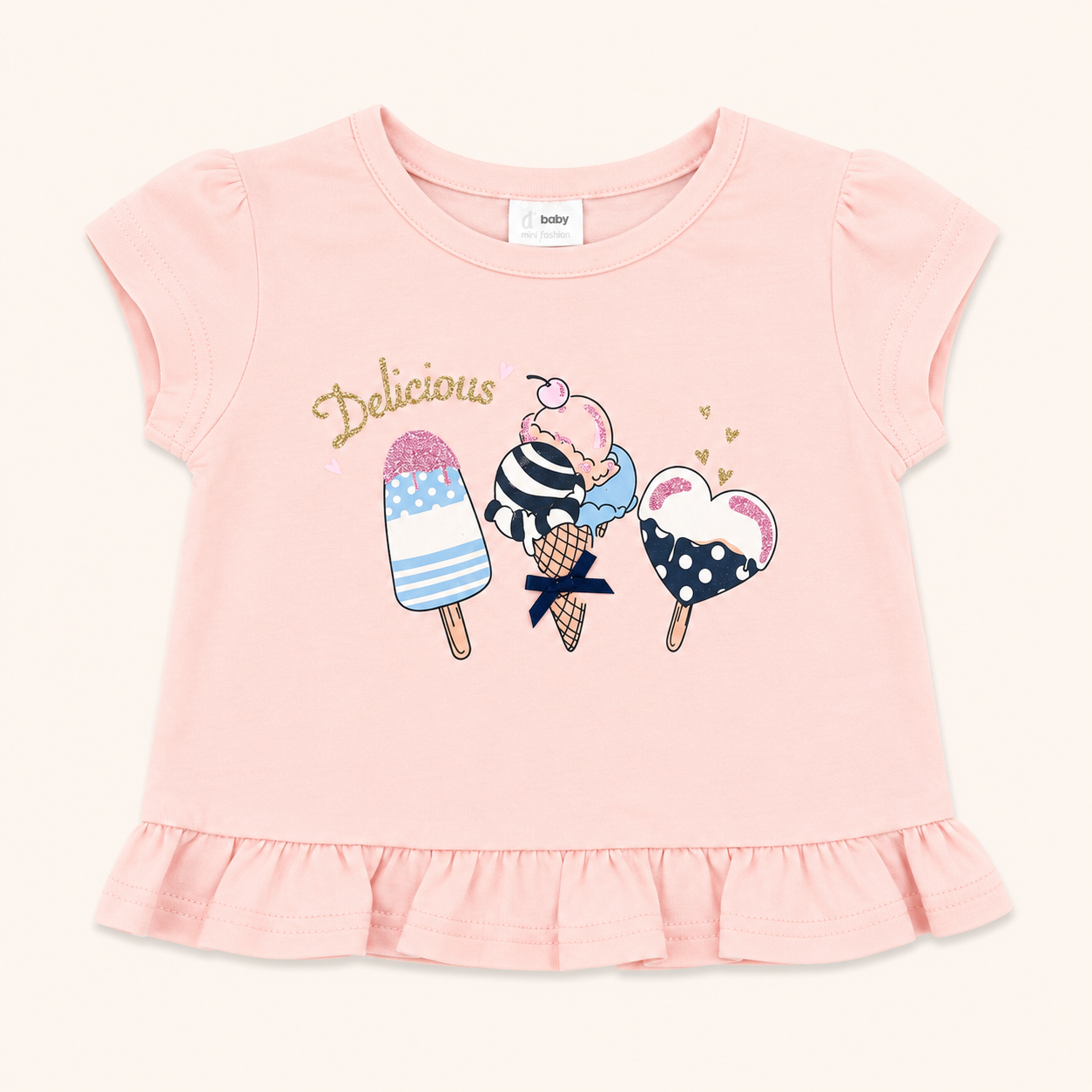 Ensemble t-shirt rose glaces et cycliste rayé marine - Bébé fille - Yatsi