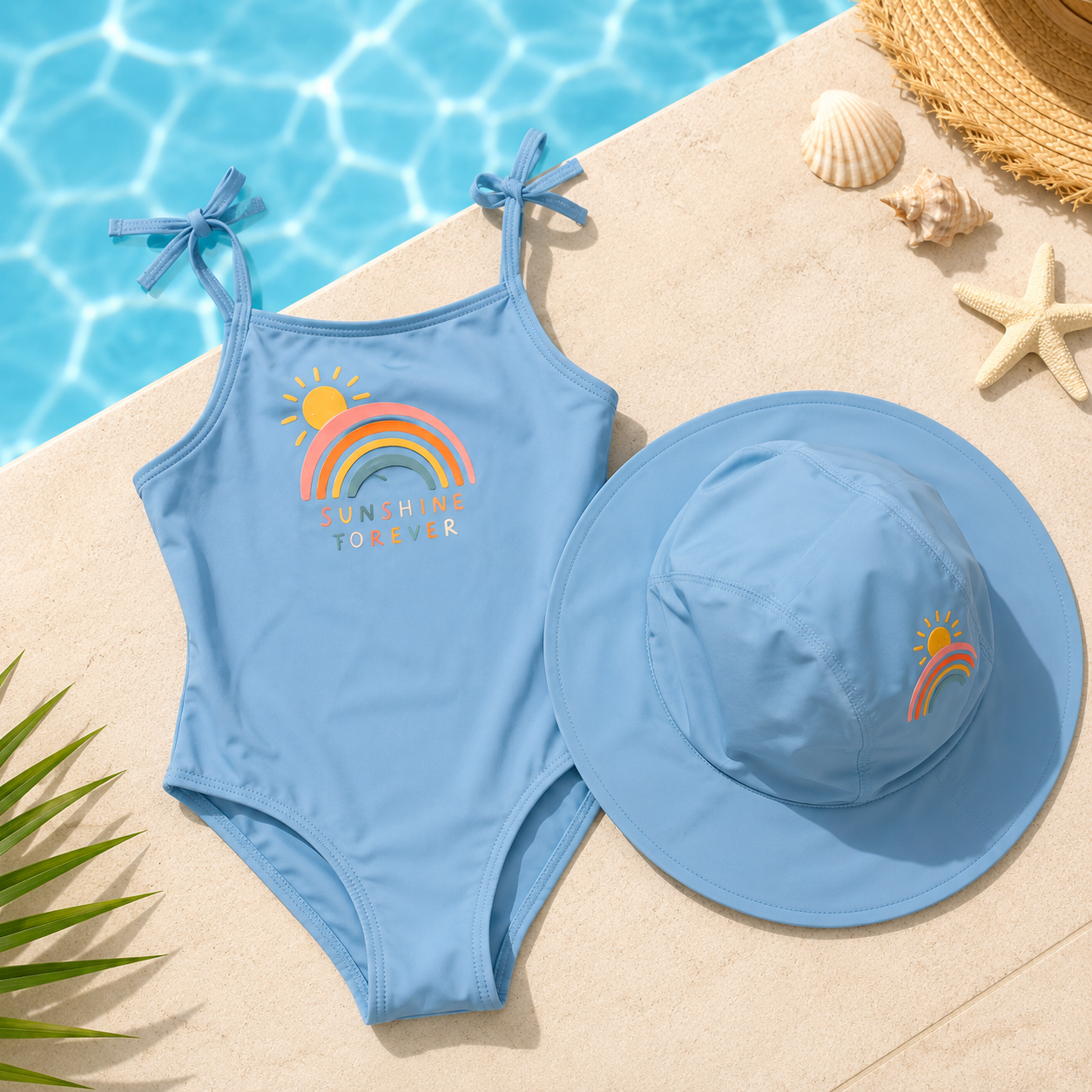Ensemble de bain fille Sunshine Forever – Maillot 1 pièce et Chapeau de soleil – Bleu Horizon
