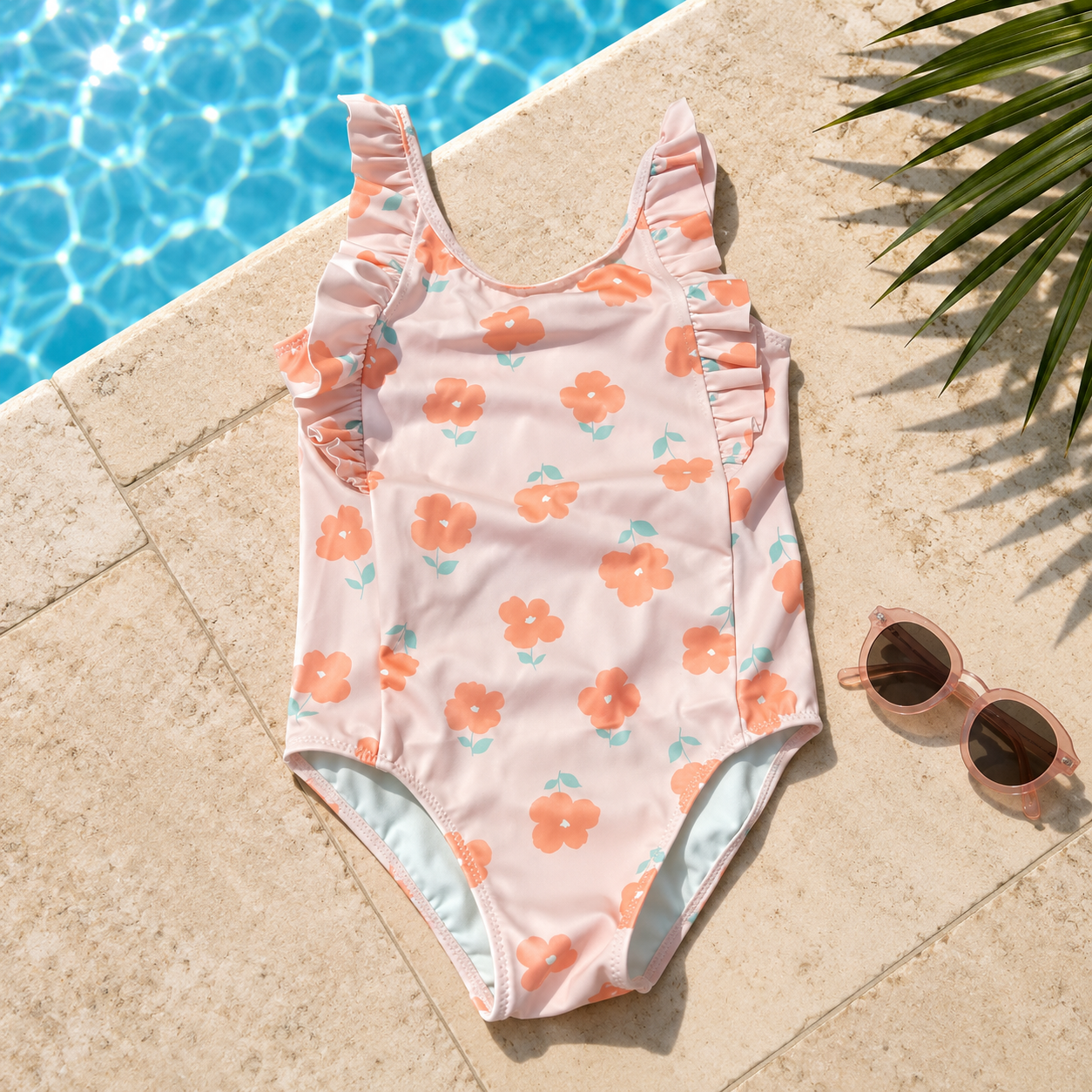 Maillot de bain 1 pièce fille à volants – Rose Pastel et Fleurs Abricot