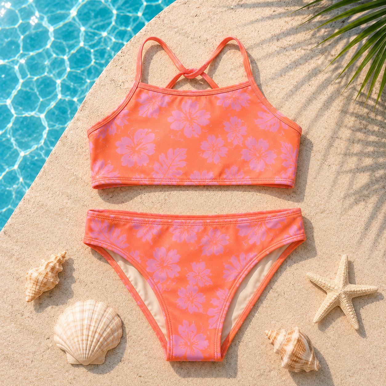 Maillot de bain 2 pièces orange imprimé hibiscus tropical