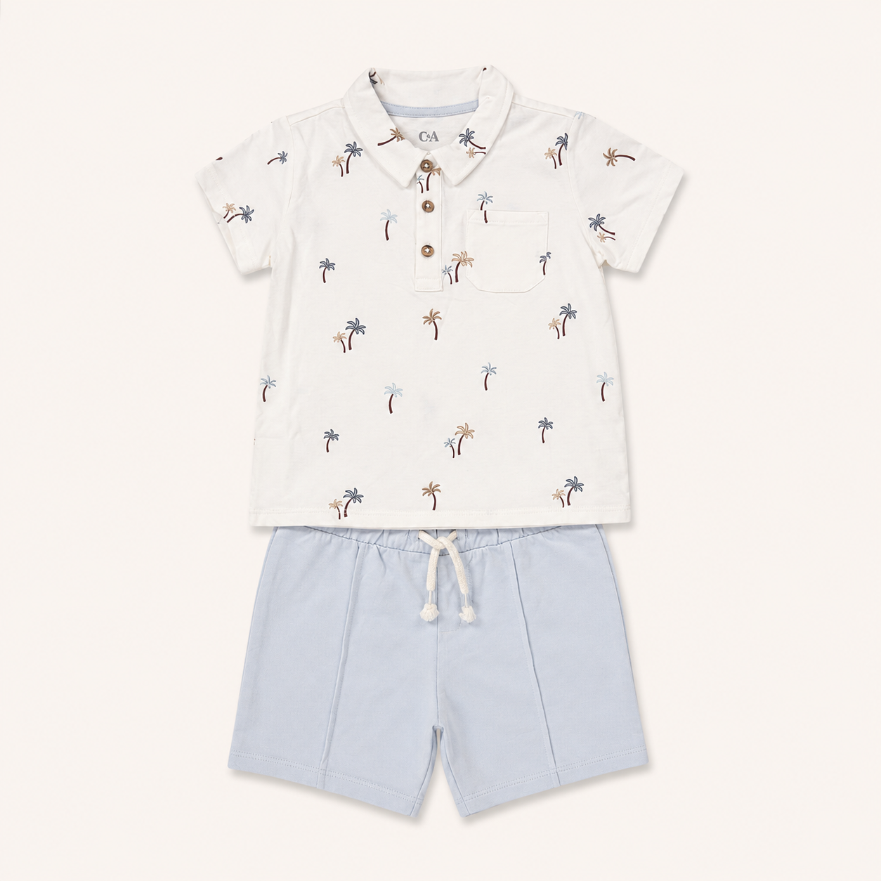 Ensemble d’été bébé garçon - Polo blanc imprimé palmiers & short