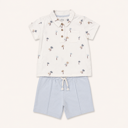 Ensemble d’été bébé garçon - Polo blanc imprimé palmiers & short
