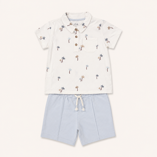 Ensemble d’été bébé garçon - Polo blanc imprimé palmiers & short