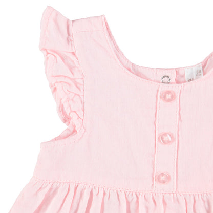 Robe Évasée Rose Pâle à Volants et Boutons