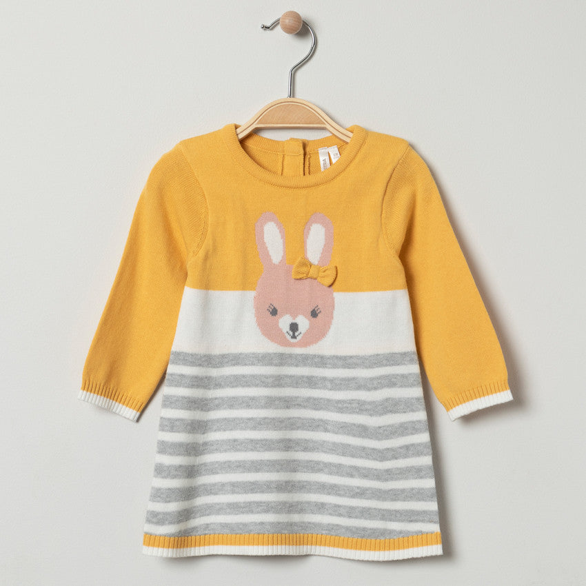 Robe Tricot Moutarde et Grise Rayée à Motif Lapin