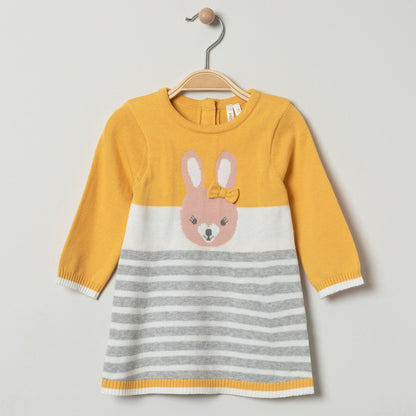Robe Tricot Moutarde et Grise Rayée à Motif Lapin