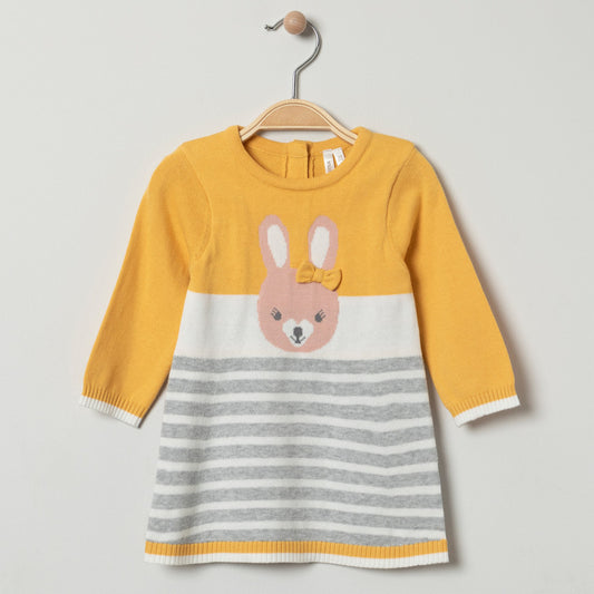 Robe Tricot Moutarde et Grise Rayée à Motif Lapin