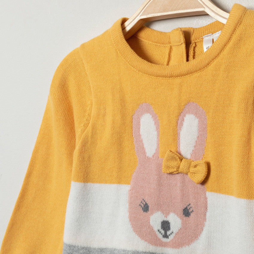 Robe Tricot Moutarde et Grise Rayée à Motif Lapin