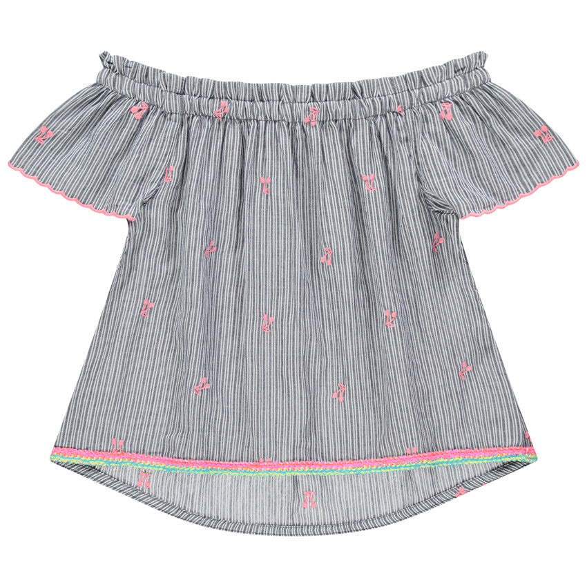 Blouse Épaules Dénudées Rayée à Broderies Cerises