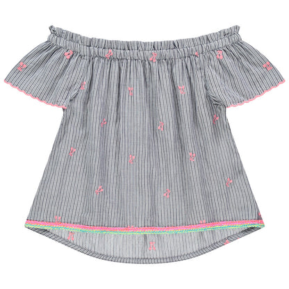 Blouse Épaules Dénudées Rayée à Broderies Cerises