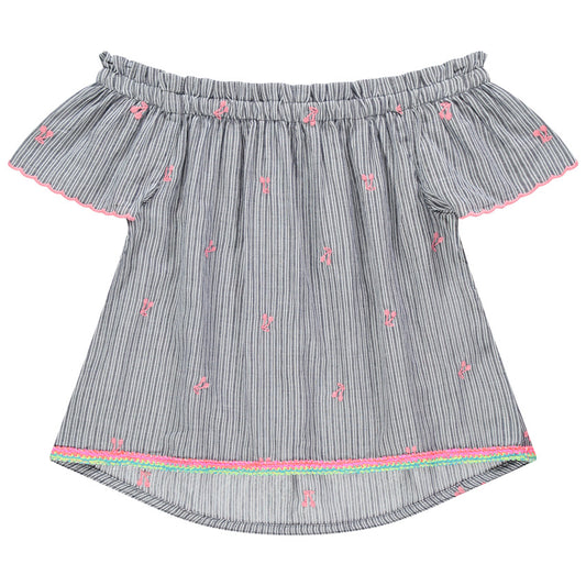 Blouse Épaules Dénudées Rayée à Broderies Cerises