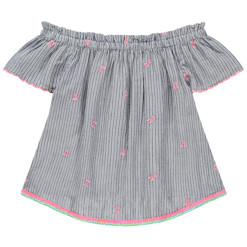 Blouse Épaules Dénudées Rayée à Broderies Cerises