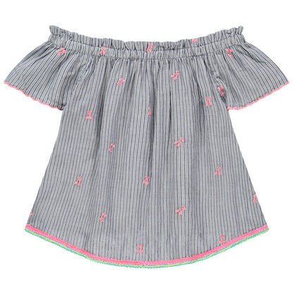 Blouse Épaules Dénudées Rayée à Broderies Cerises