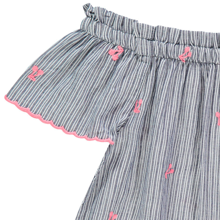 Blouse Épaules Dénudées Rayée à Broderies Cerises