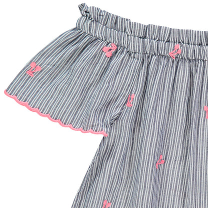 Blouse Épaules Dénudées Rayée à Broderies Cerises