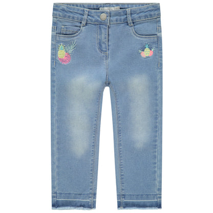 Pantacourt en jean effet used à fruits brodés pour fille