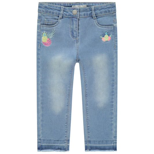 Pantacourt en jean effet used à fruits brodés pour fille