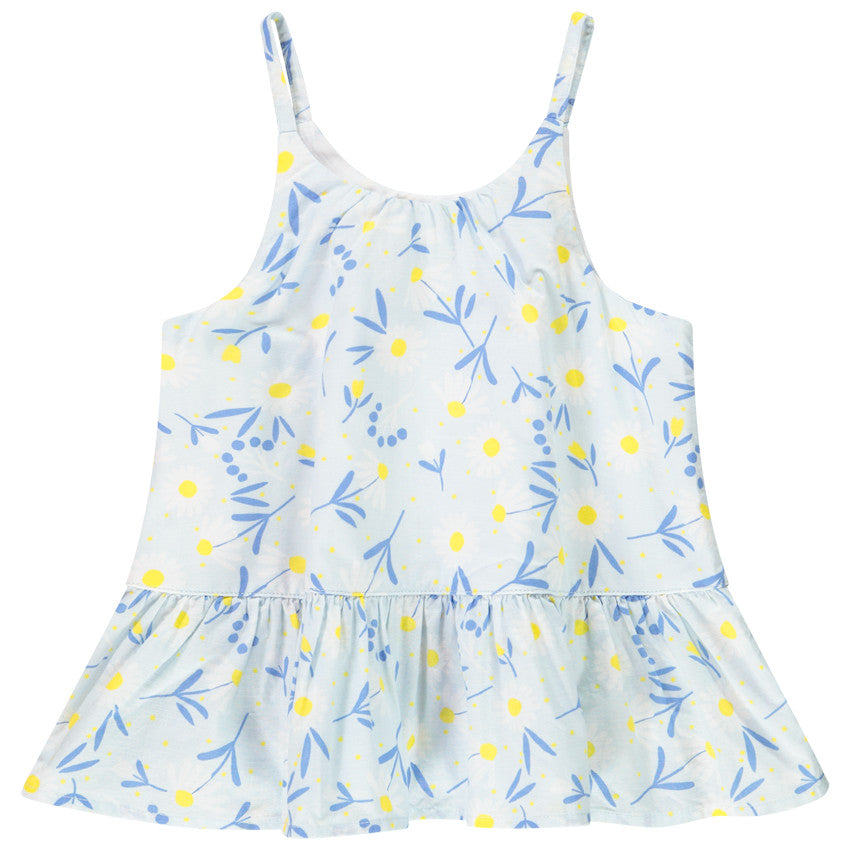 Top d’Été Fille à Bretelles Fleuri – Blanc, Bleu & Jaune Tournesol