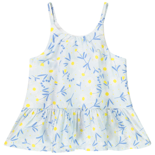 Top d’Été Fille à Bretelles Fleuri – Blanc, Bleu & Jaune Tournesol