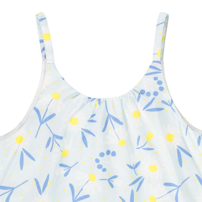 Top d’Été Fille à Bretelles Fleuri – Blanc, Bleu & Jaune Tournesol