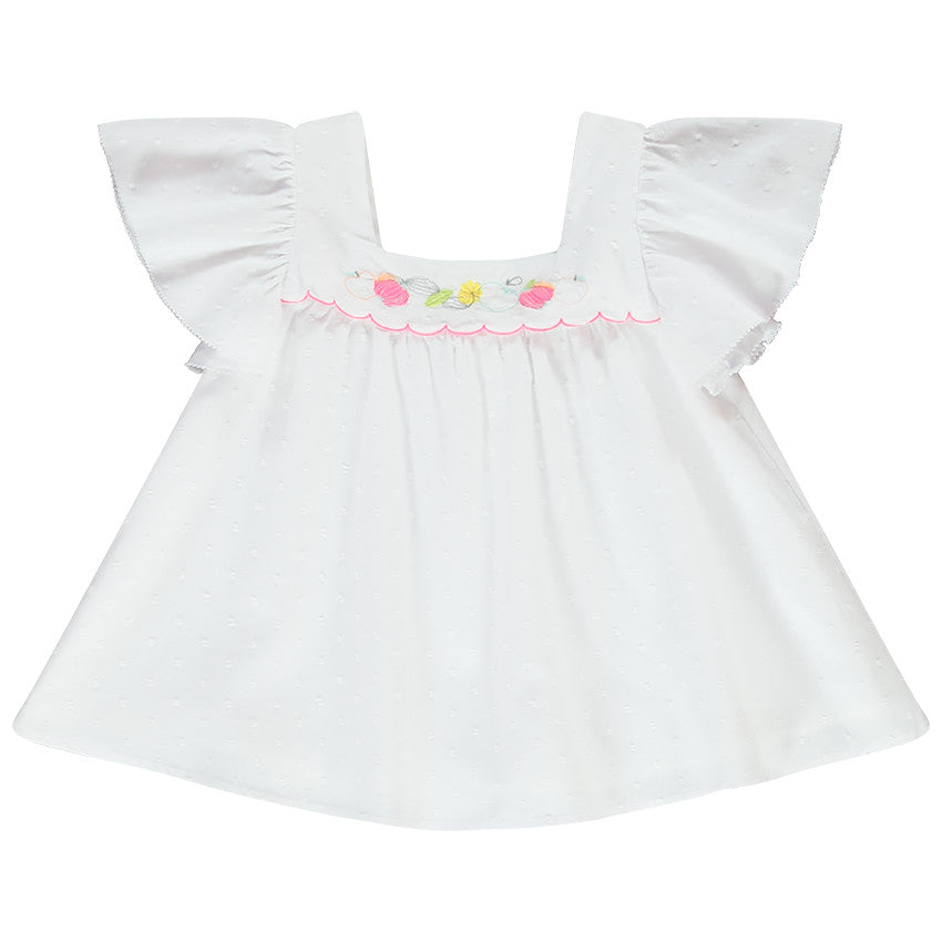 Tunique Blanche en Plumetis à Broderies Florales et Manches Volantées