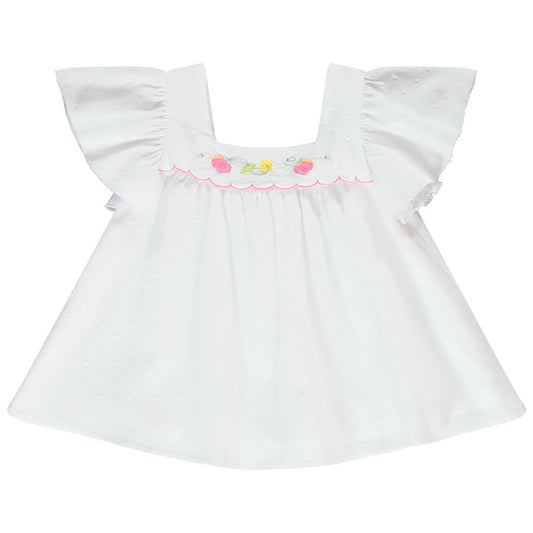 Tunique Blanche en Plumetis à Broderies Florales et Manches Volantées