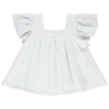 Tunique Blanche en Plumetis à Broderies Florales et Manches Volantées
