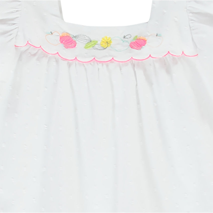 Tunique Blanche en Plumetis à Broderies Florales et Manches Volantées
