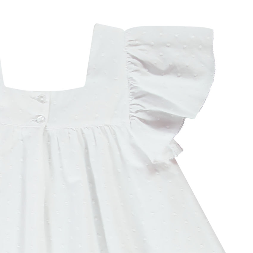 Tunique Blanche en Plumetis à Broderies Florales et Manches Volantées