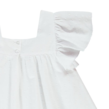 Tunique Blanche en Plumetis à Broderies Florales et Manches Volantées