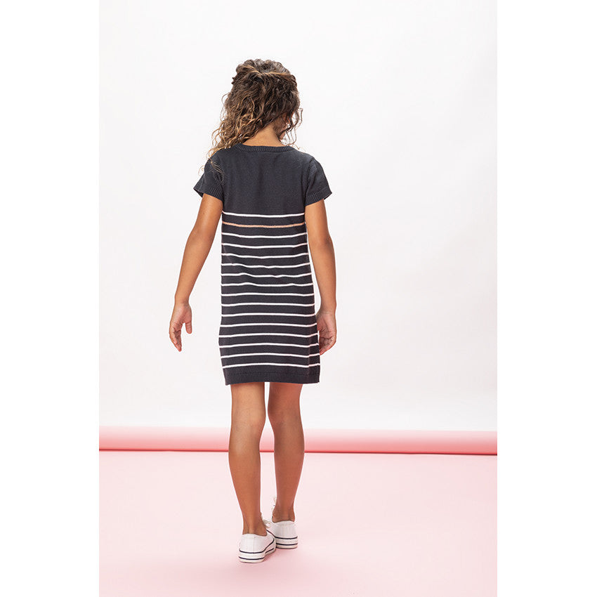 Robe Pull en Maille Marine Rayée à Cœurs et Inscription Princess