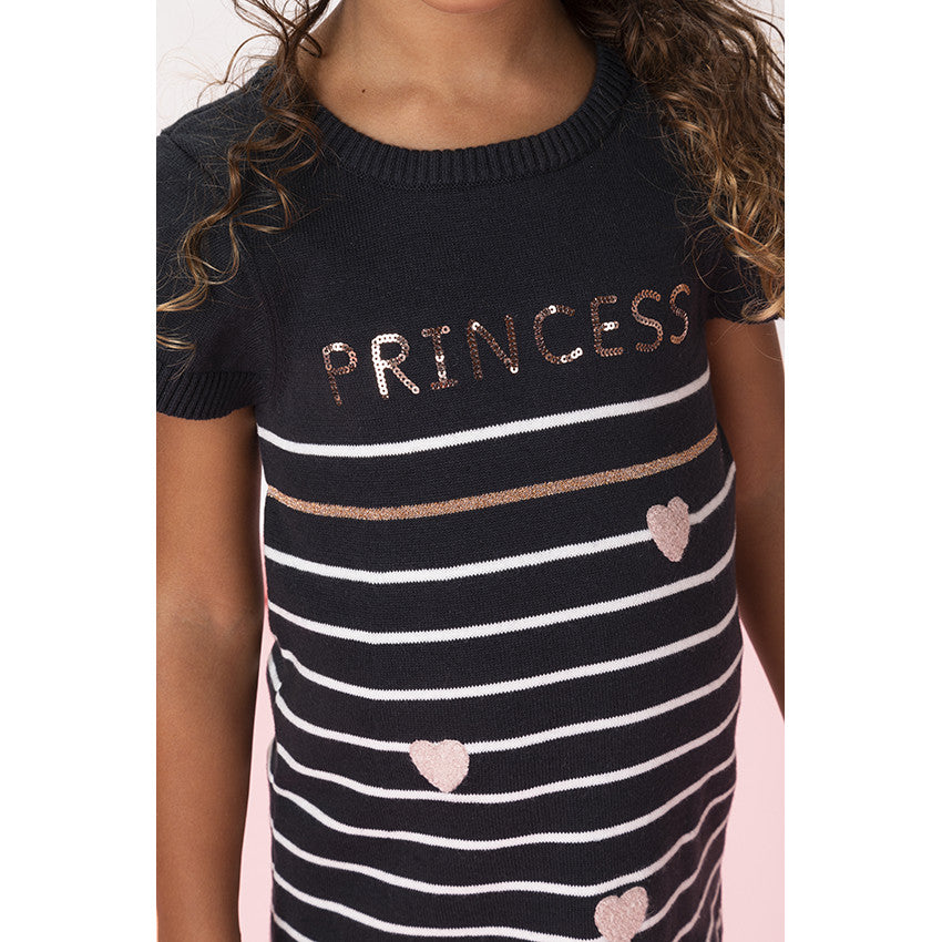Robe Pull en Maille Marine Rayée à Cœurs et Inscription Princess