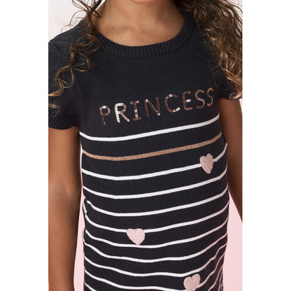 Robe Pull en Maille Marine Rayée à Cœurs et Inscription Princess