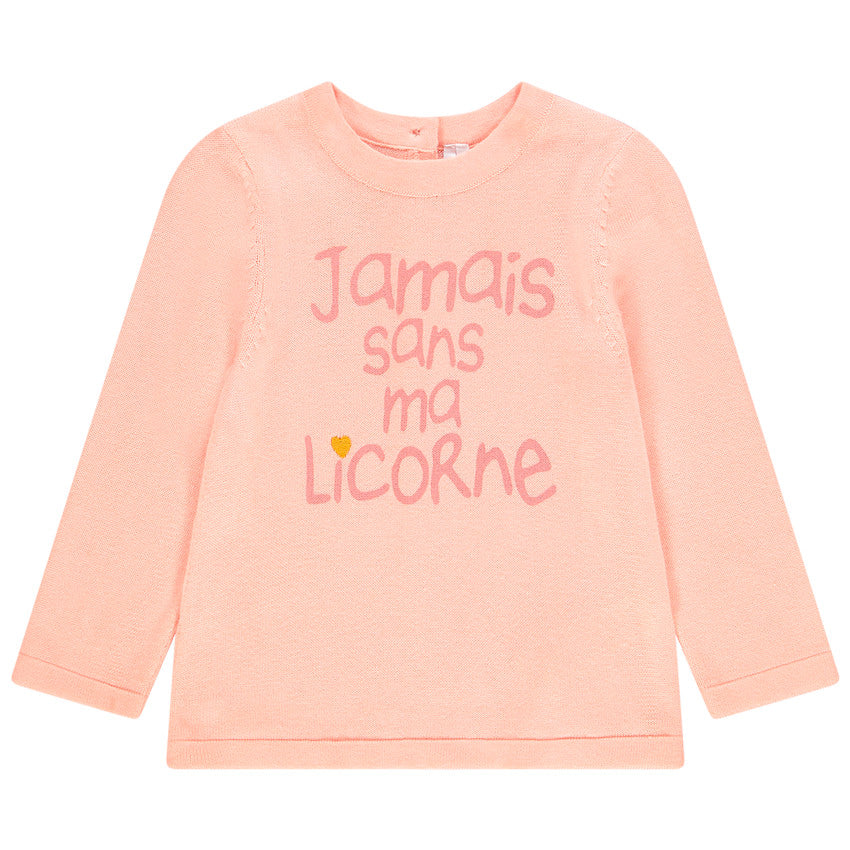 Pull Fin Rose Saumon à Message Jamais Sans Ma Licorne pour Fille