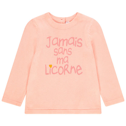 Pull Fin Rose Saumon à Message Jamais Sans Ma Licorne pour Fille