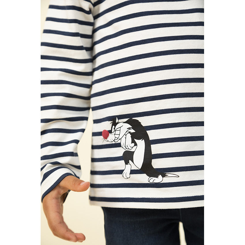 T-shirt manches longues en jersey esprit marinière print et broderie Titi et Grosminet pour bébé fille