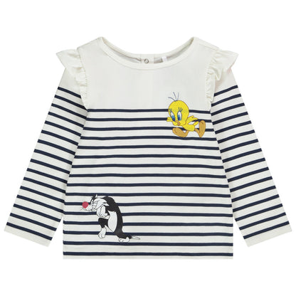 T-shirt manches longues en jersey esprit marinière print et broderie Titi et Grosminet pour bébé fille