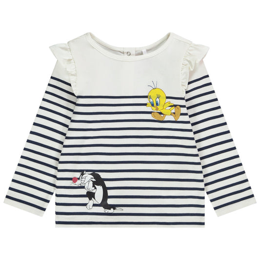 T-shirt manches longues en jersey esprit marinière print et broderie Titi et Grosminet pour bébé fille