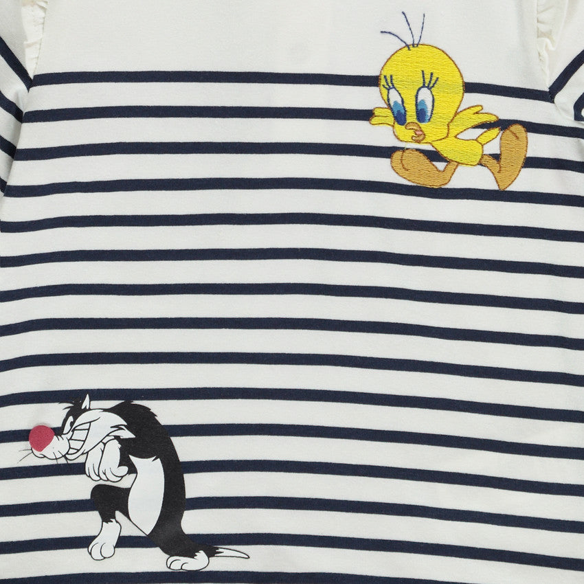 T-shirt manches longues en jersey esprit marinière print et broderie Titi et Grosminet pour bébé fille