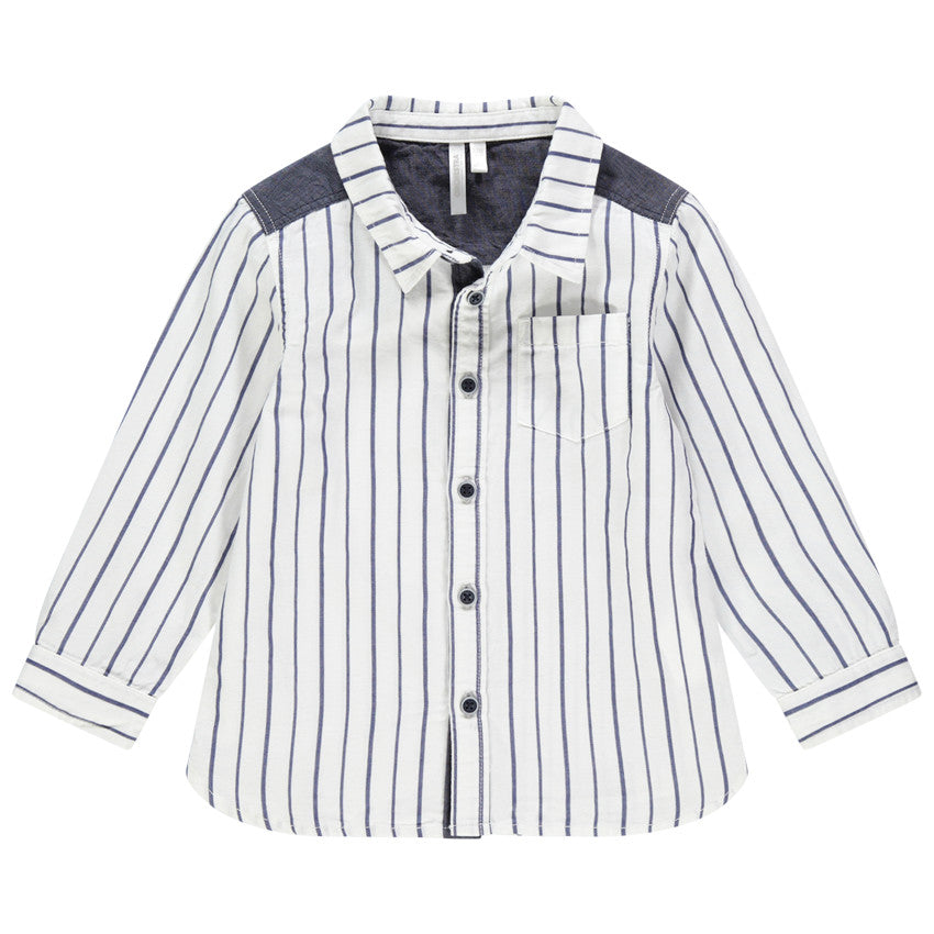 Chemise Blanche à Rayures Bleues et Empiècements Chambray