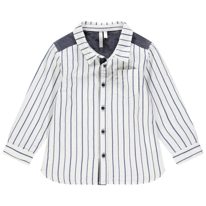 Chemise Blanche à Rayures Bleues et Empiècements Chambray