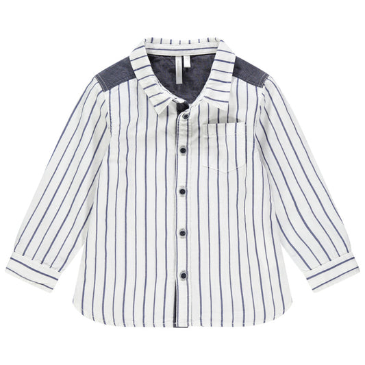 Chemise Blanche à Rayures Bleues et Empiècements Chambray