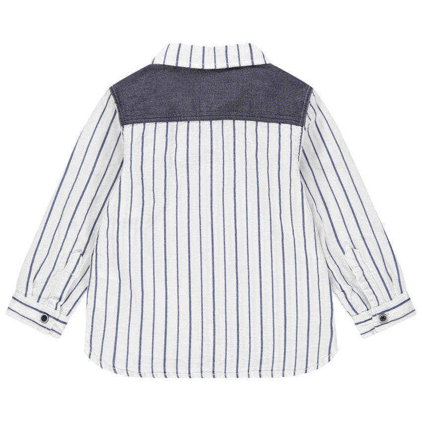Chemise Blanche à Rayures Bleues et Empiècements Chambray