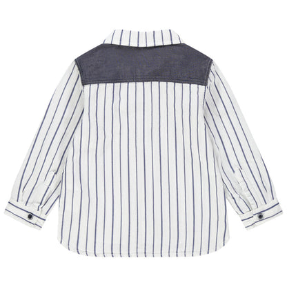 Chemise Blanche à Rayures Bleues et Empiècements Chambray