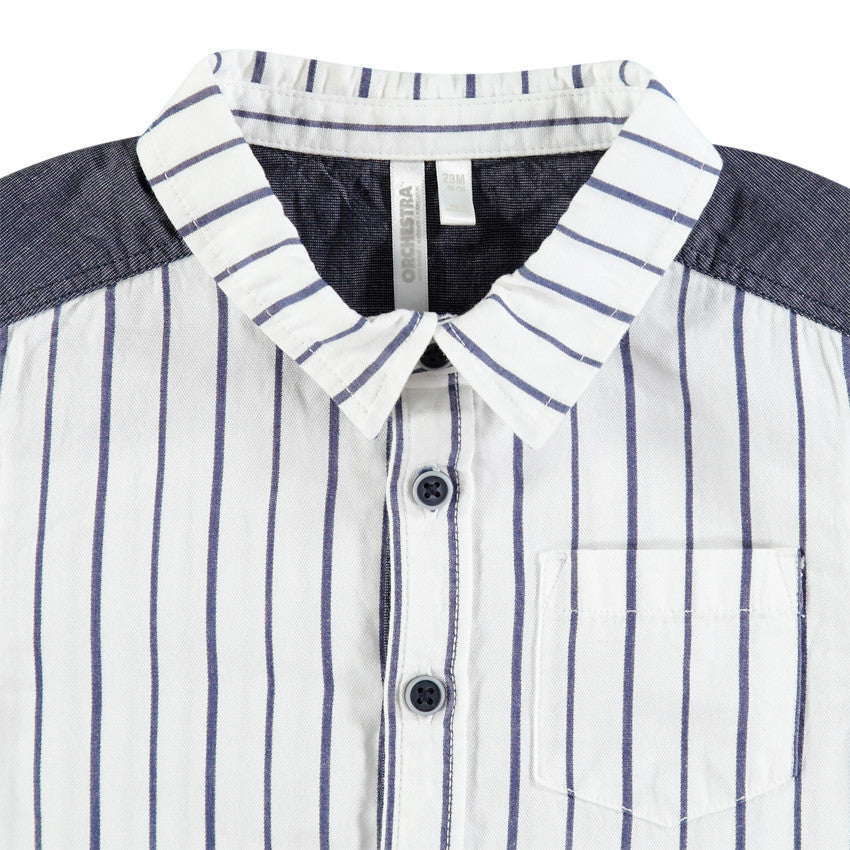 Chemise Blanche à Rayures Bleues et Empiècements Chambray