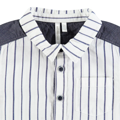 Chemise Blanche à Rayures Bleues et Empiècements Chambray