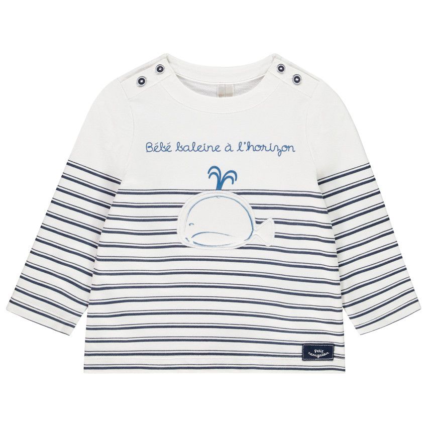 Sweat Léger Bébé Marinière Blanc et Marine - "Bébé baleine à l'horizon"