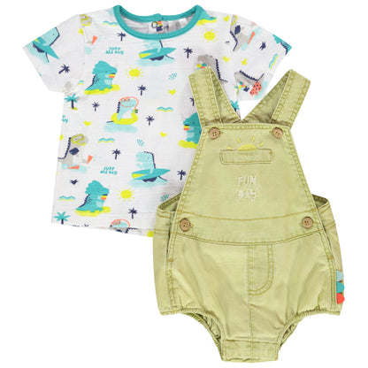 Ensemble Barboteuse Kaki en Toile et T-shirt Imprimé Dinosaures