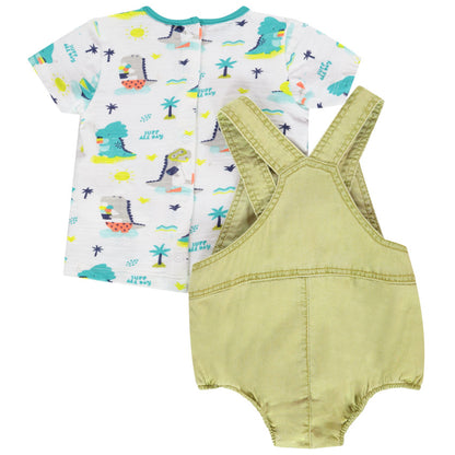 Ensemble Barboteuse Kaki en Toile et T-shirt Imprimé Dinosaures