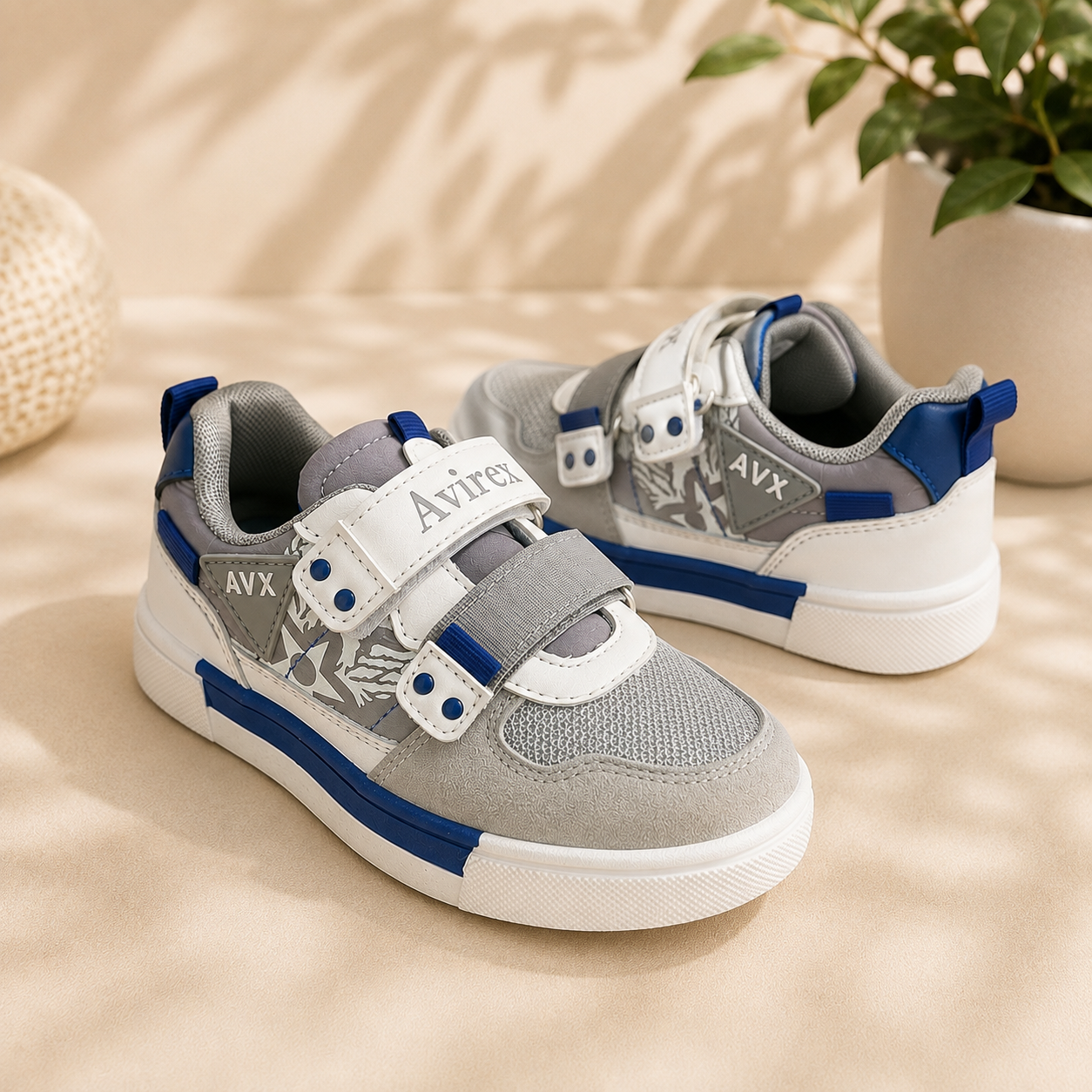 Baskets Enfant Avirex à Scratch – Gris, Blanc & Bleu